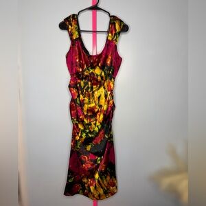 London Style Nights Abstract Floral Ruched Midi Dress Size 16